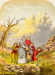 Christiana e seus filhos chegam ao Slough of Despond, de The Pilgrims Progress, de John Bunyan, publicado em 1880